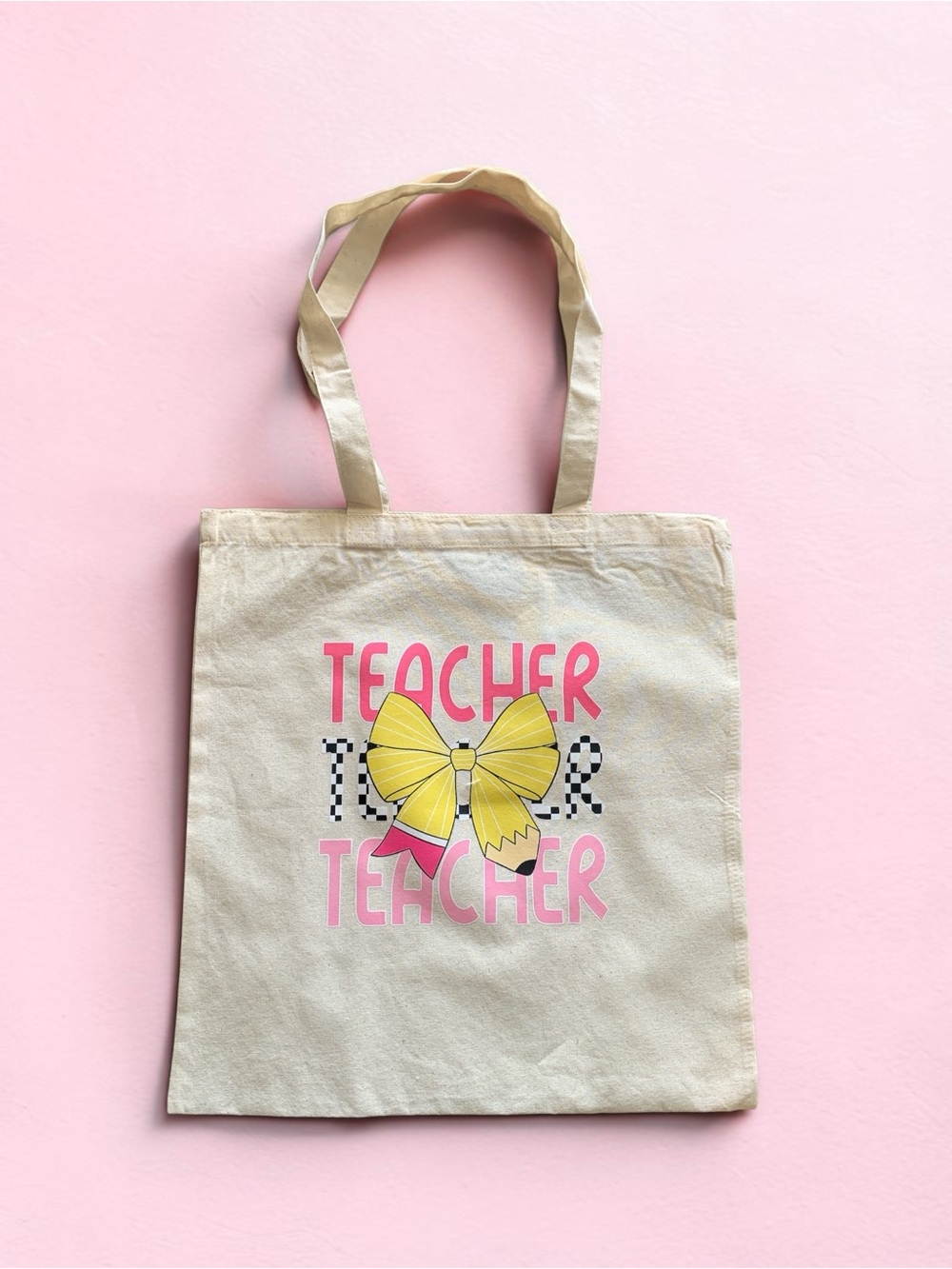 NEW Teacher Bow Canvas Tote - Yellow & Pink Graphic